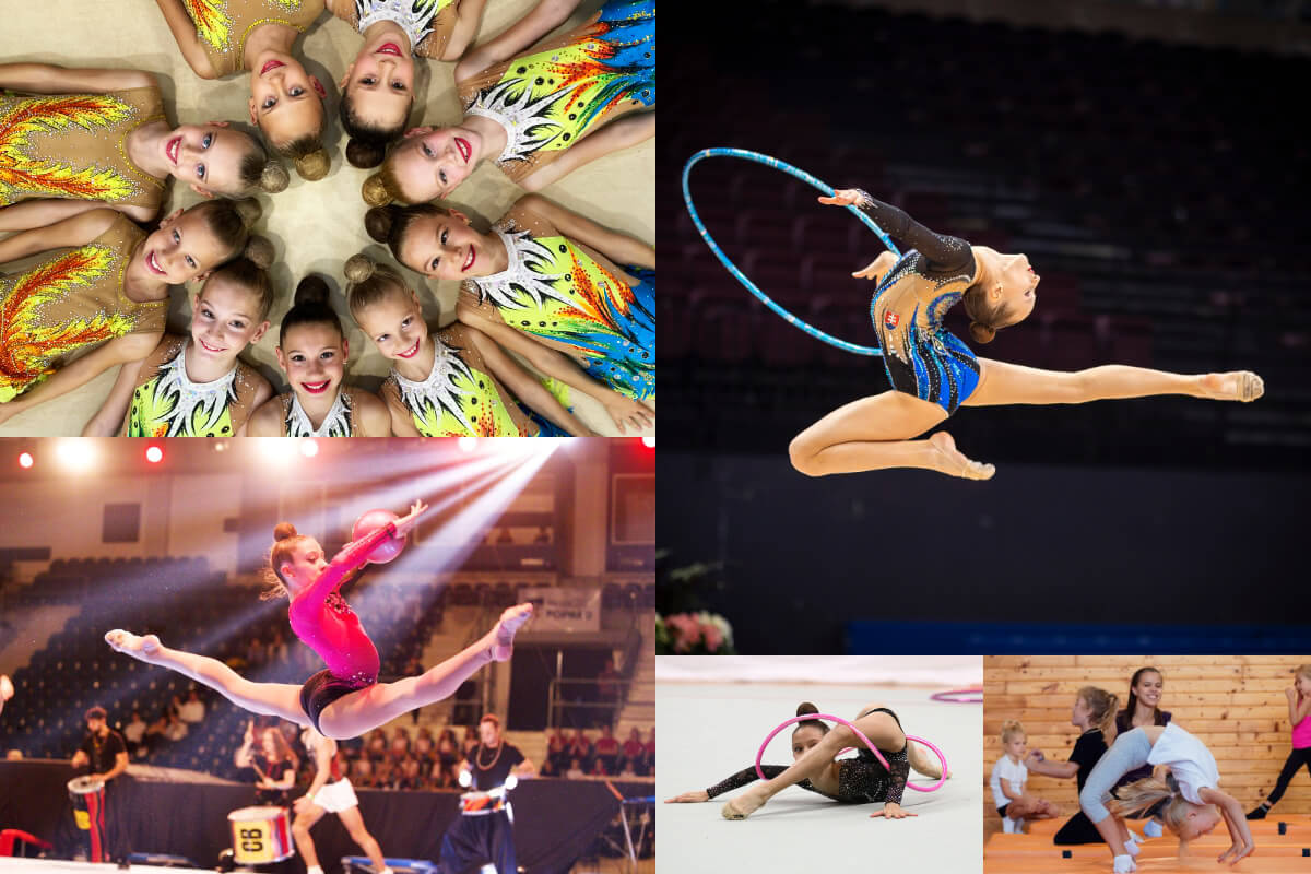 Gymnastky Danubie v dresoch a pri zostavách s obručou a loptou